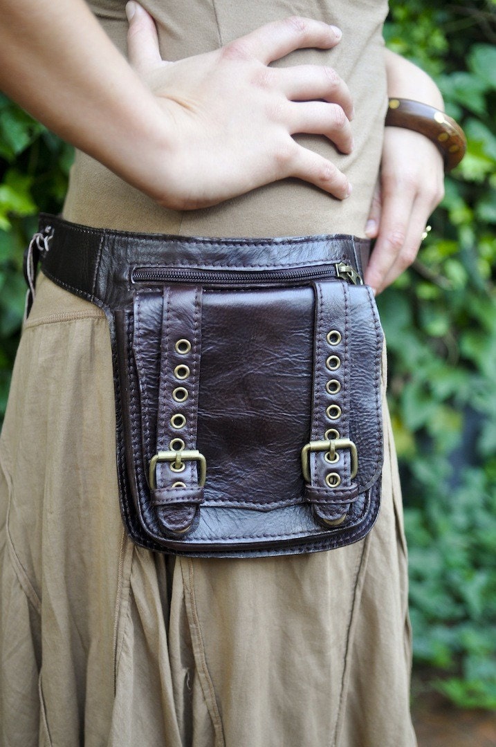Leather Utility Belt with large pouches for your on the go needs in Brown