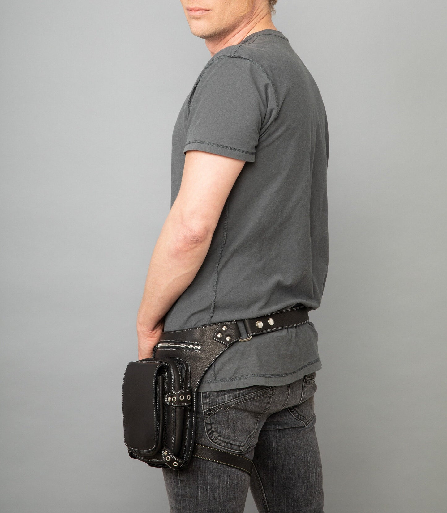 Black Leather Utility Bag with Leg Strap - Doubles as Shoulder Bag