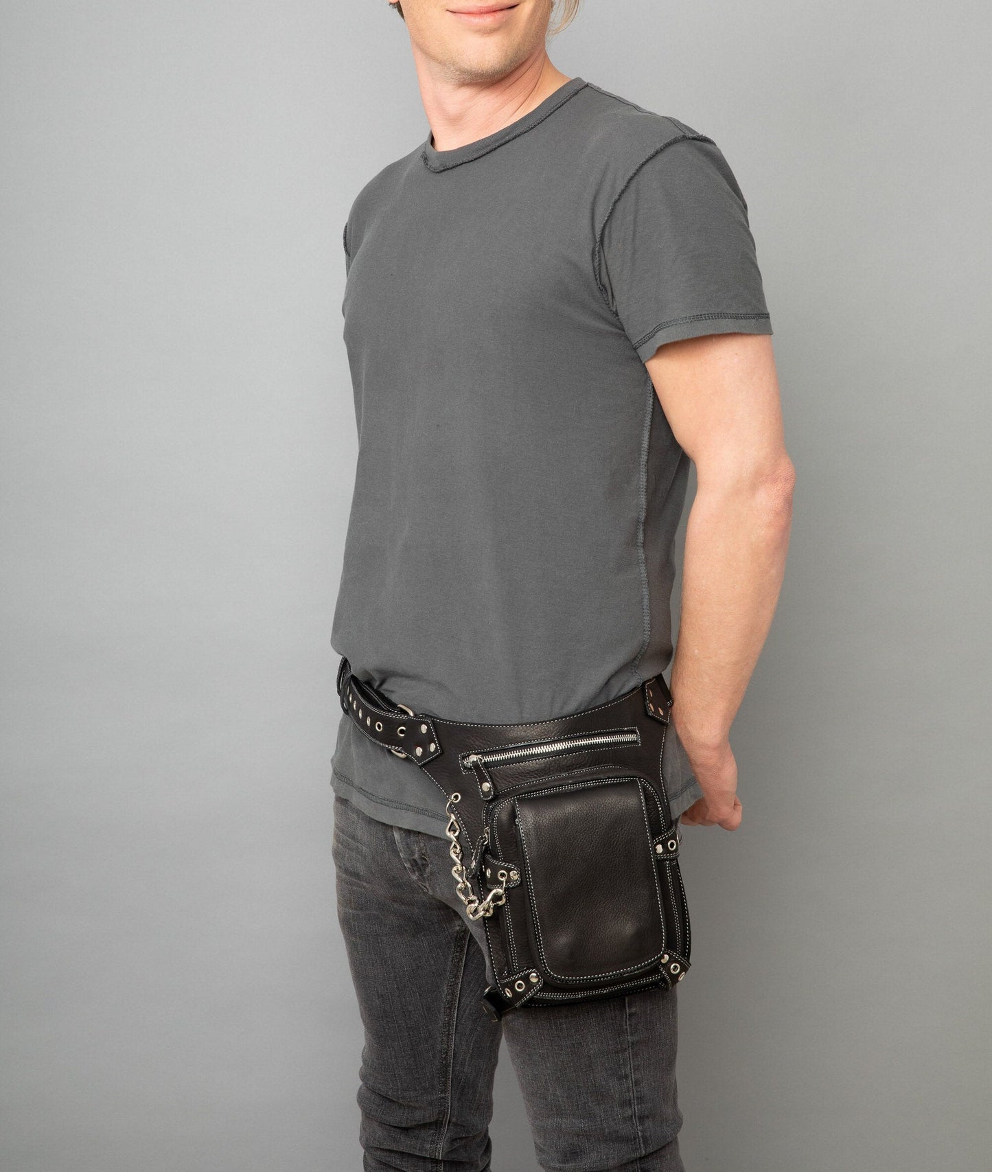 Black Leather Utility Bag with Leg Strap - Doubles as Shoulder Bag