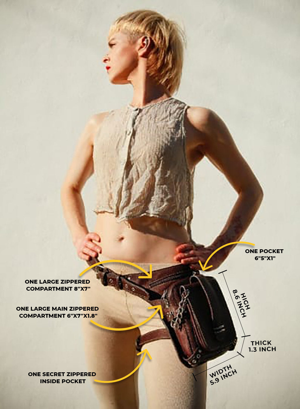Brown Leather Utility Bag with Chain and Leg Strap | Festival Drop Leg Bag | Motorcycle Belt Bag | Burning Man Leg Holster