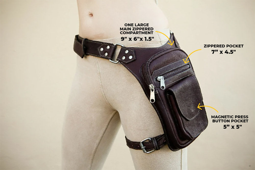 Motorcycle Leg Bag | Biker Holster Bag | Festival Belt Bag with Removable Leg Strap | Brown Drop Leg Pouch with Leg Strap| Hiking Belt