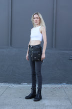 Genuine Sleek Black Leather Pack Hip Holster | Drop Leg Belt with Spacious Compartments | Unisex Style