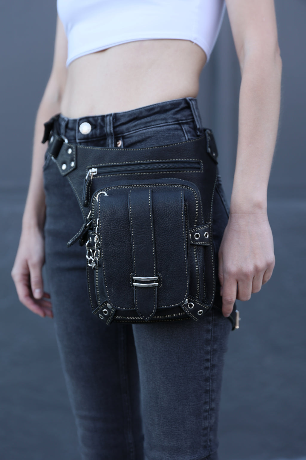 Genuine Sleek Black Leather Pack Hip Holster | Drop Leg Belt with Spacious Compartments | Unisex Style