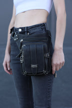 Genuine Sleek Black Leather Pack Hip Holster | Drop Leg Belt with Spacious Compartments | Unisex Style