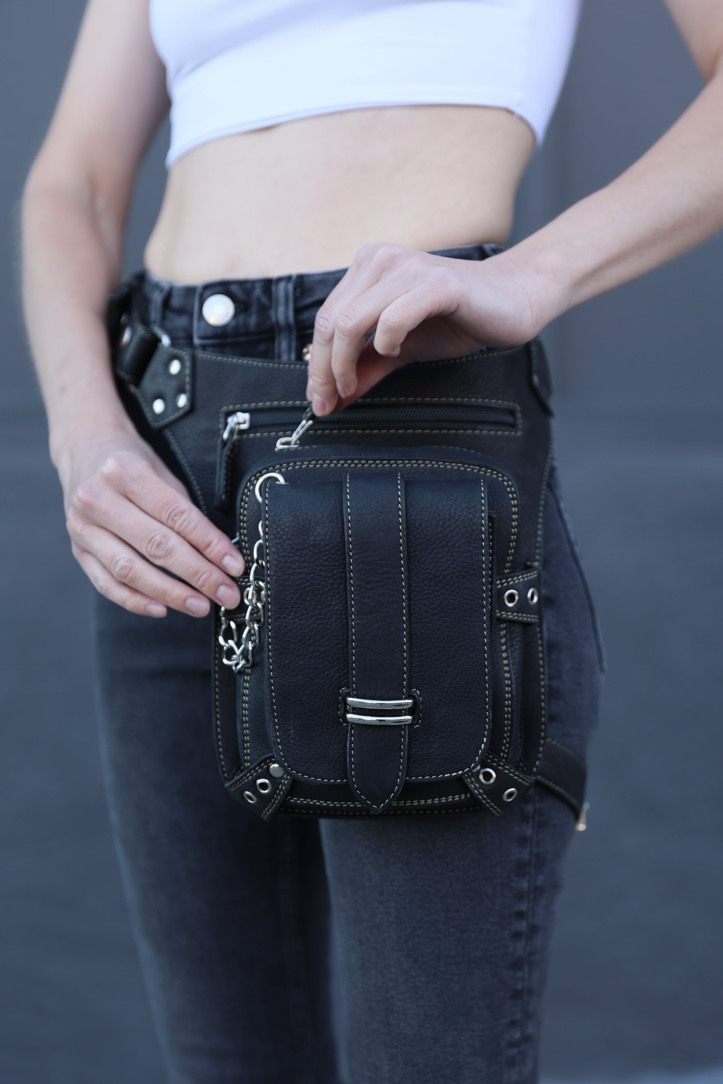 Genuine Sleek Black Leather Pack Hip Holster | Drop Leg Belt with Spacious Compartments | Unisex Style