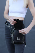 Genuine Sleek Black Leather Pack Hip Holster | Drop Leg Belt with Spacious Compartments | Unisex Style