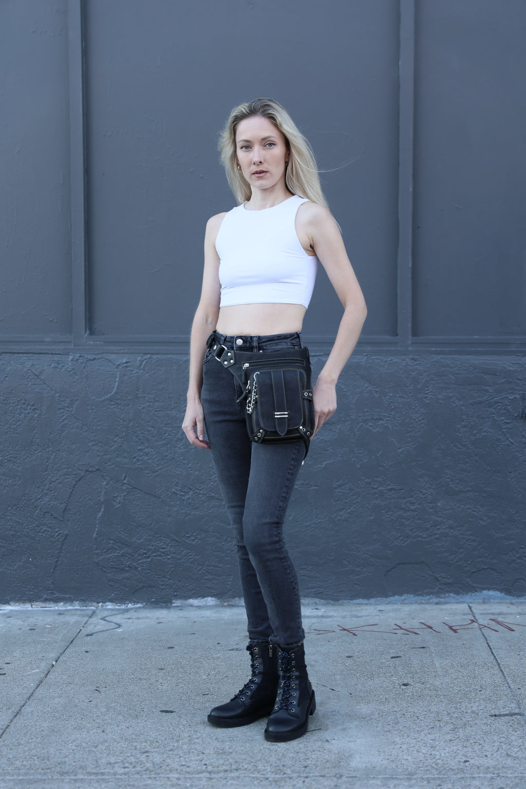 Genuine Sleek Black Leather Pack Hip Holster | Drop Leg Belt with Spacious Compartments | Unisex Style