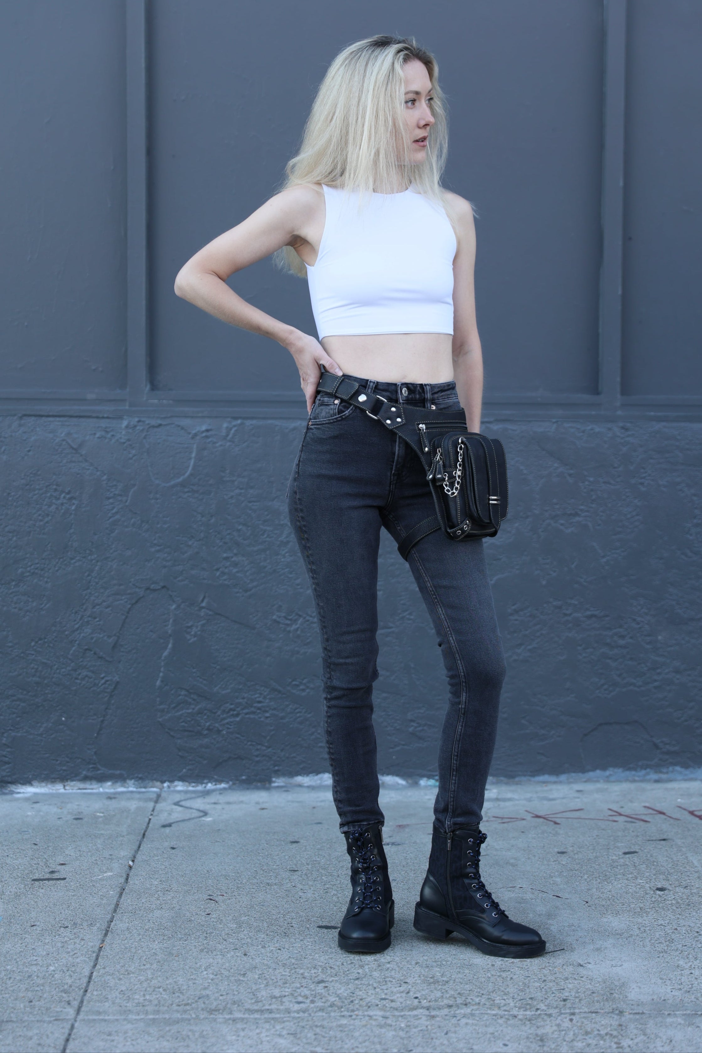 Genuine Sleek Black Leather Pack Hip Holster | Drop Leg Belt with Spacious Compartments | Unisex Style