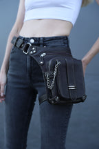 Genuine Sleek Black Leather Pack Hip Holster | Drop Leg Belt with Spacious Compartments | Unisex Style