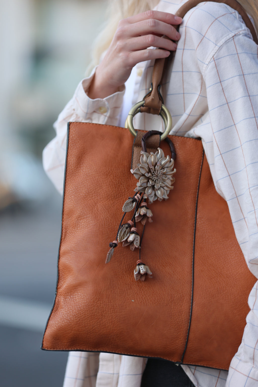 Chic Leather Flower Charm Keychain Ring | Handbag and Purse Designer Tassel Embellishment | Rearview Mirror Charm | Gift Package Faux Bow