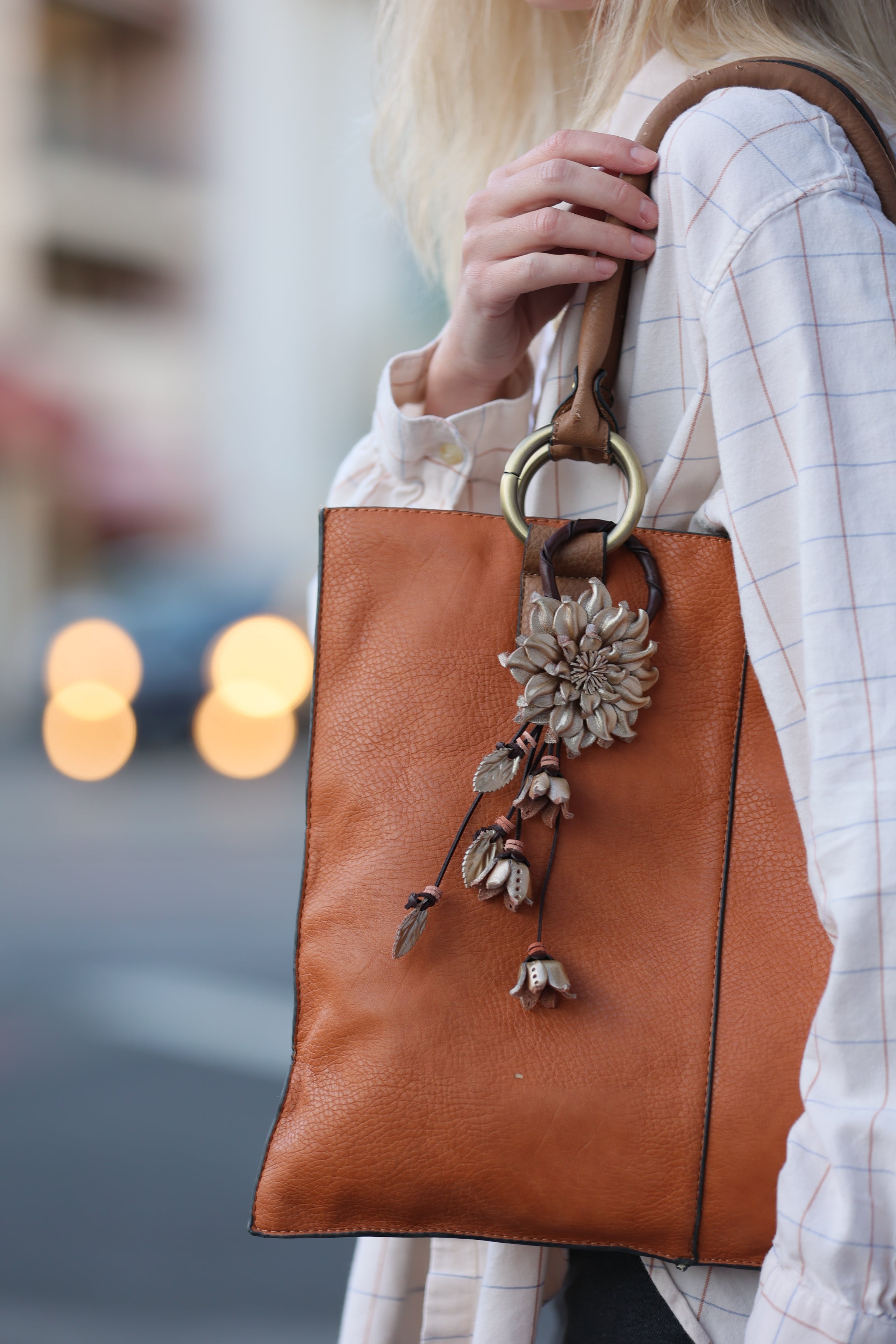 Chic Leather Flower Charm Keychain Ring | Handbag and Purse Designer Tassel Embellishment | Rearview Mirror Charm | Gift Package Faux Bow
