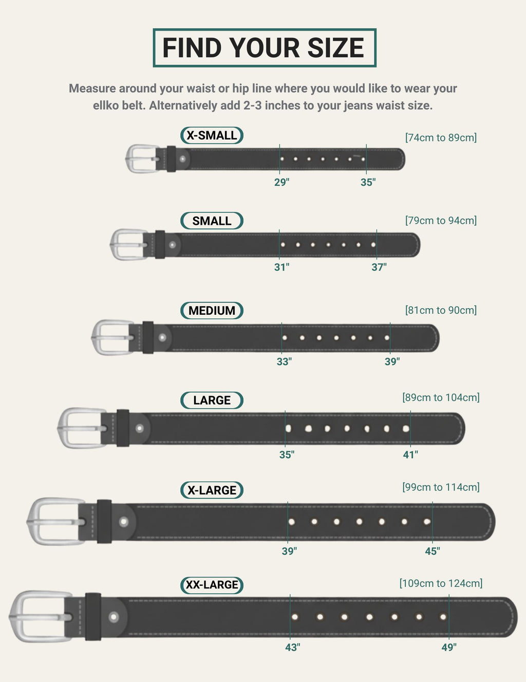 Elllko eather belt size chart with measurements for different belt sizes.