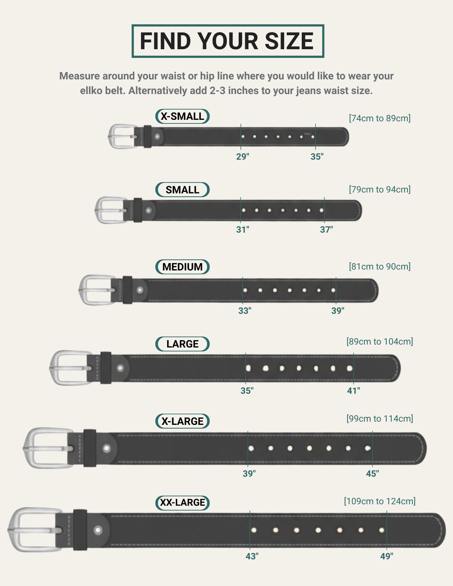 Elllko eather belt size chart with measurements for different belt sizes.