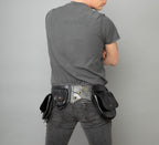 Back of a man wearing an ellko black leather belt with 2 large pouches