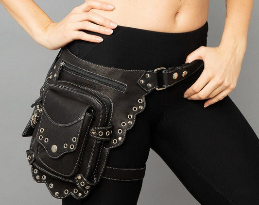 Burning Man Black Leather Utility Bag with Leg Strap