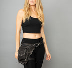 Burning Man Black Leather Utility Bag with Leg Strap , Leg Pouch Holster, Drop Leg Thigh   Bag with Removable Strap