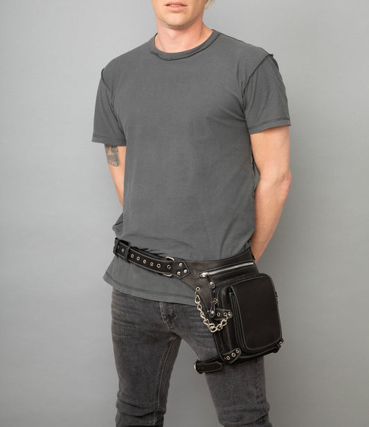 Black Leather Utility Bag with Leg Strap - Doubles as Shoulder Bag