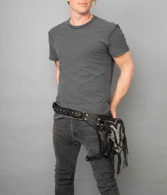 Leather Utility Bag with Leg Strap - Travel Belt Bag - Motorcycle Bag