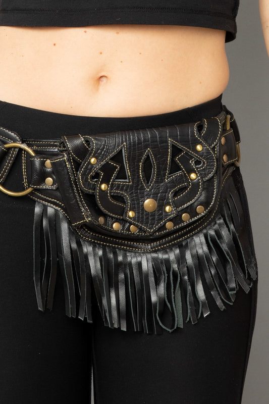 Soft Leather Utility Belt with Tassels for Men or Women | Festival and Travel Belt with Large Pocket in Genuine Leather