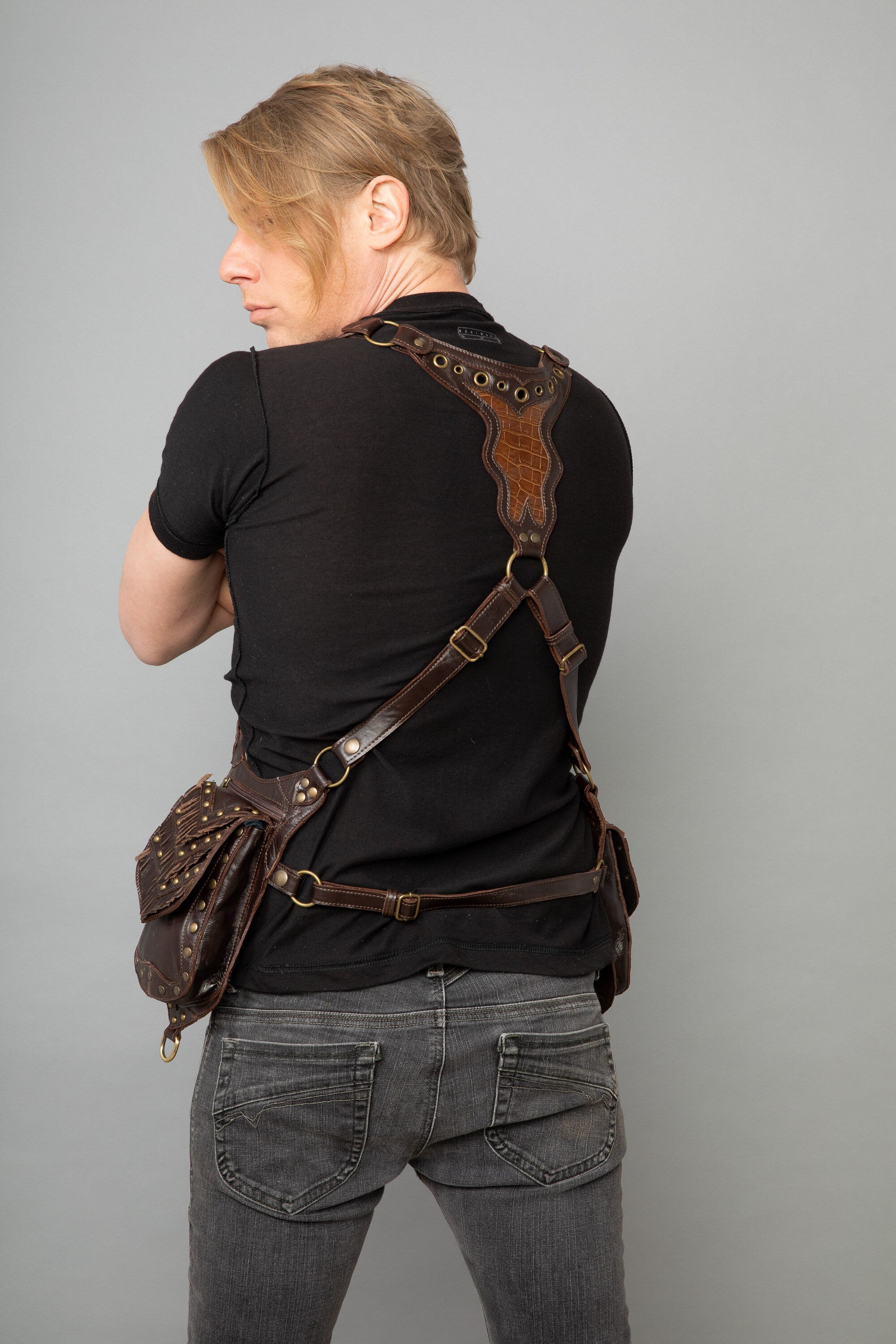 Genuine Leather Double Pouch Vest Style Shoulder Holster For Men or Women | Motorcycle Biker Gear | Festival Phone Holster| Camera Harness