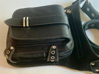 Close up of a black leather belt bag 