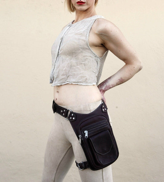 Motorcycle Leg Bag  | Biker Holster Bag | Festival Belt Bag with Removable Leg Strap | Brown Drop Leg Pouch with Leg Strap| Hiking Belt