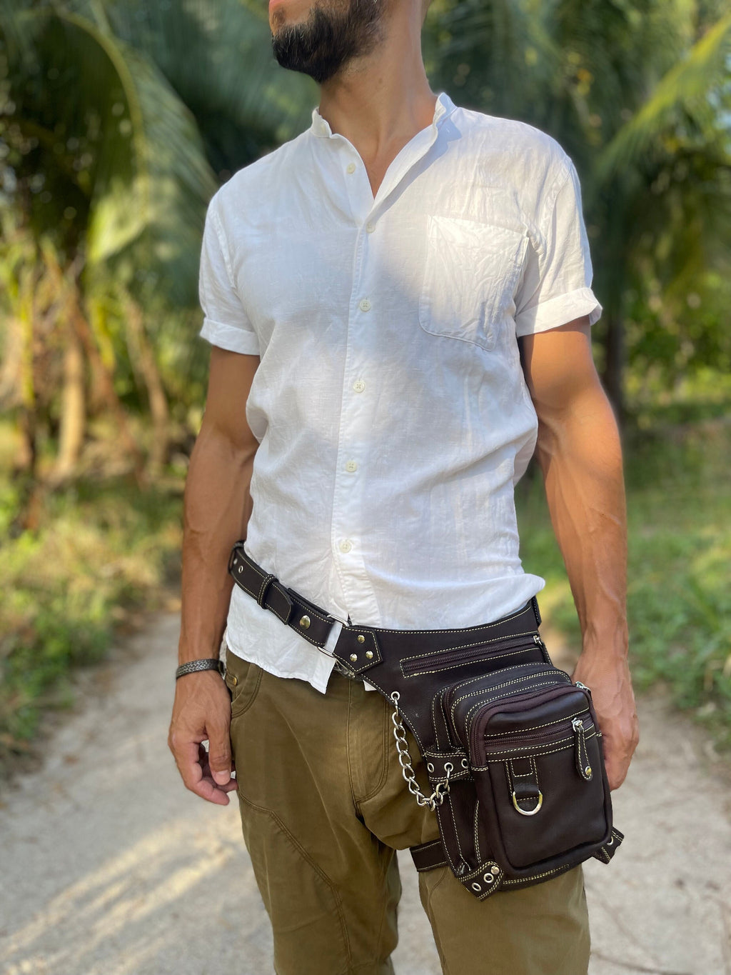 Utility Bag with Chain and Leg Strap | Genuine Leather Drop Leg Bag | Motorcycle Belt Bag | Burning Man Leg Holster | Burning Man Belt Bag