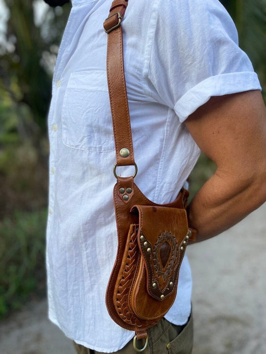 Burning Man Holster with Pouches and Key Rings ⎮ Festival Holster with Pockets | Unisex Burning Man Holster | Motorcycle Shoulder Pockets