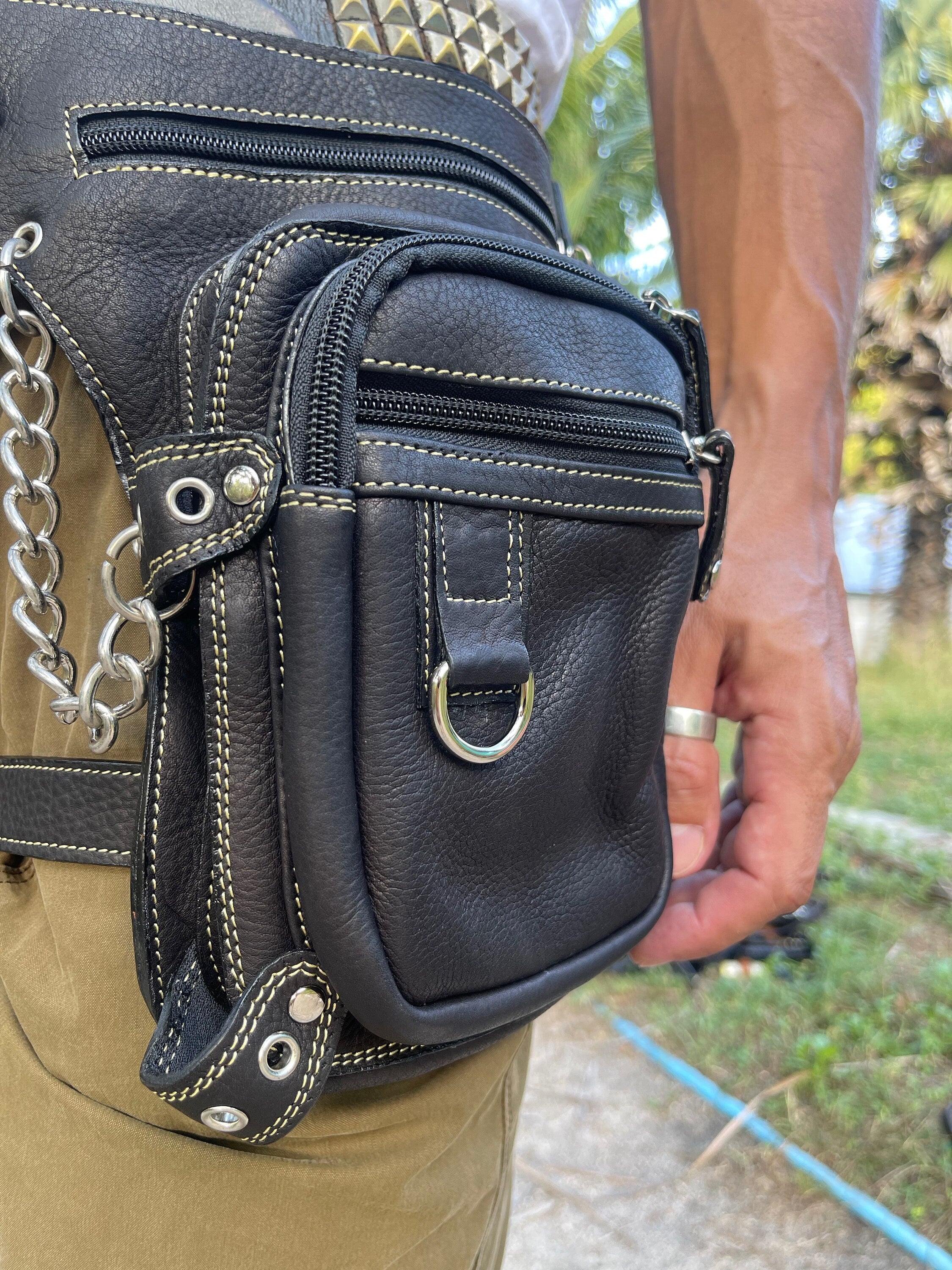 Utility Bag with Chain and Leg Strap | Genuine Leather Drop Leg Bag | Motorcycle Belt Bag | Burning Man Leg Holster | Burning Man Belt Bag