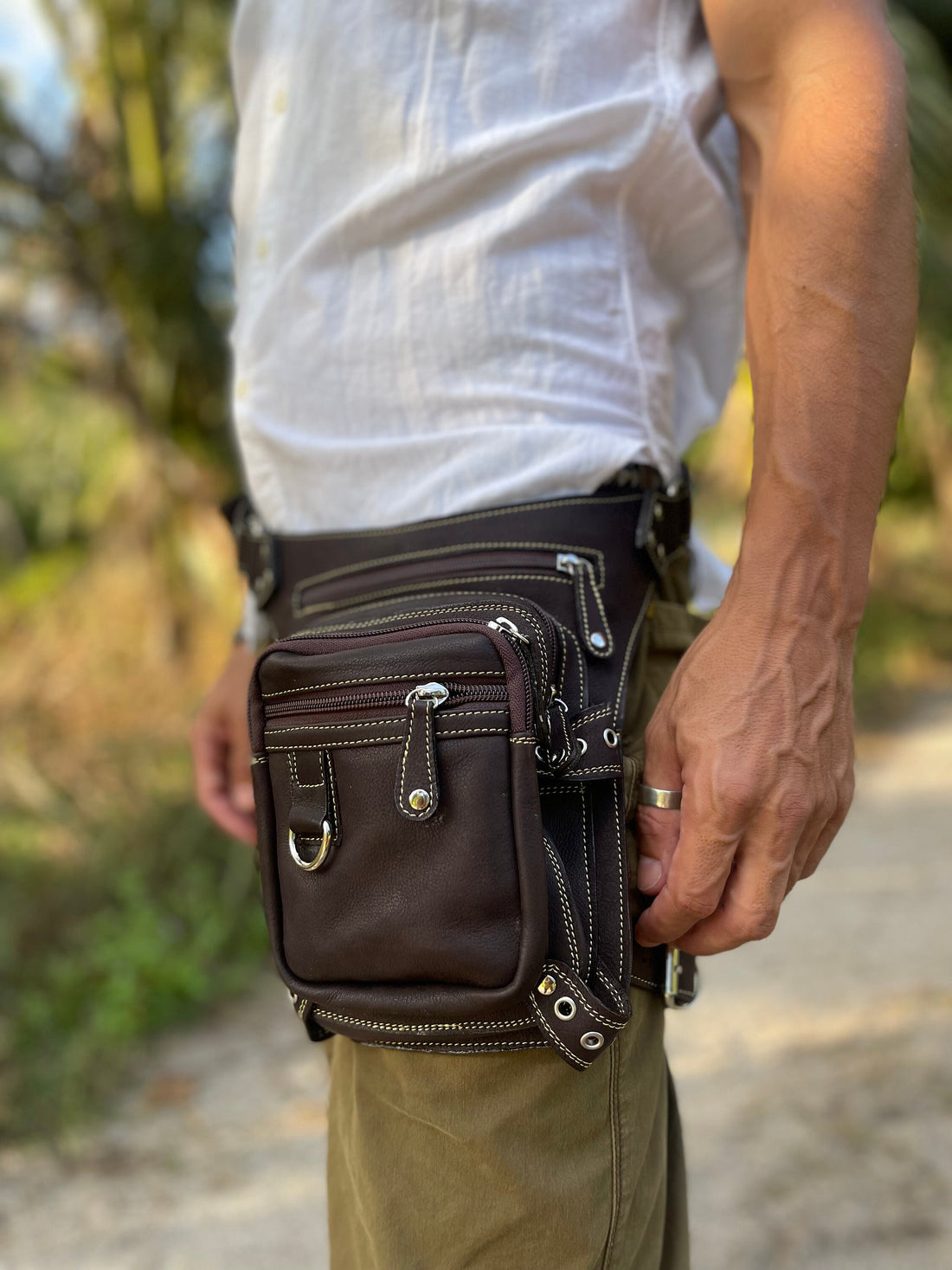 Leather Utility Leg Bag with Chain