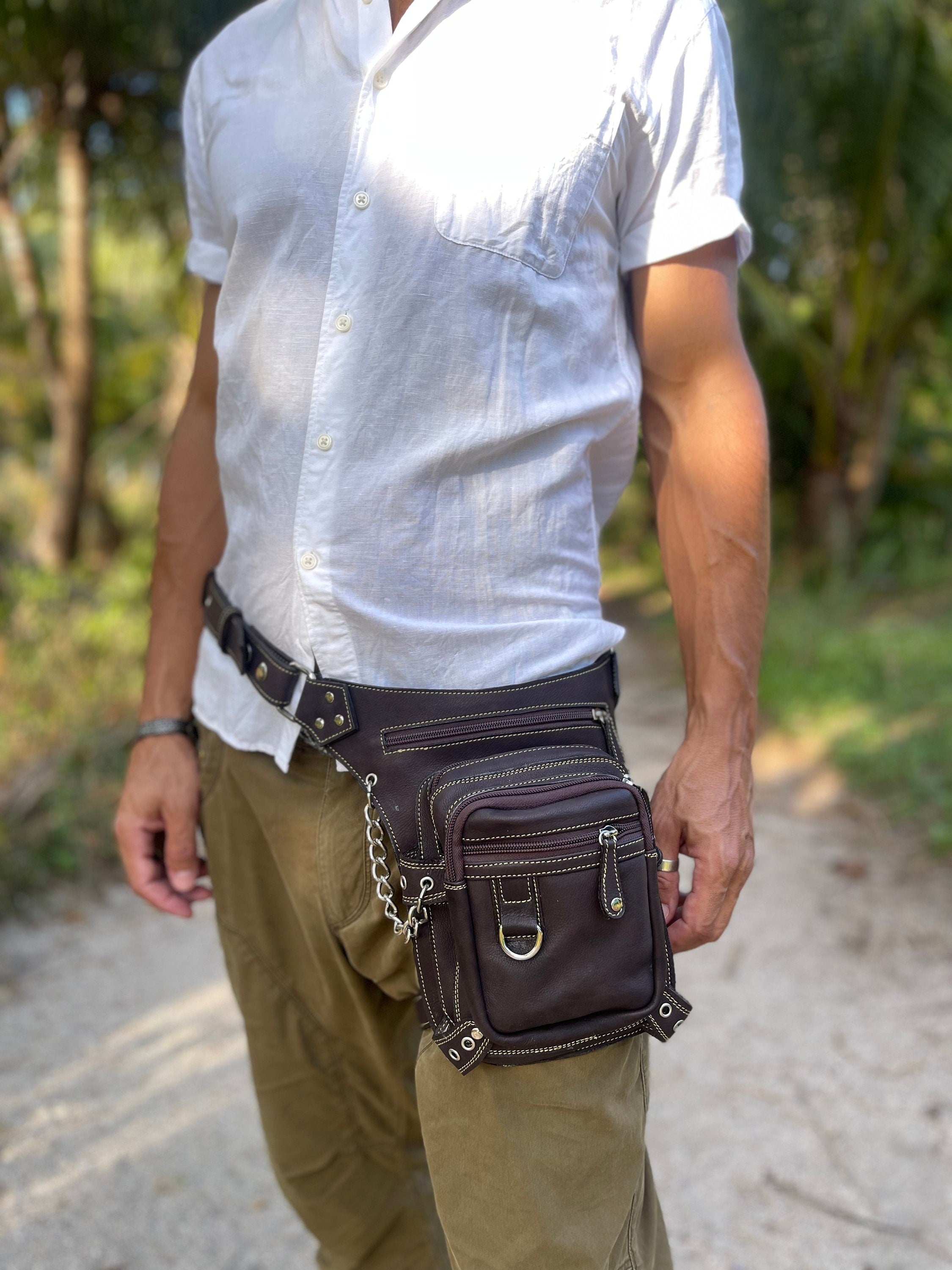 Utility Bag with Chain and Leg Strap | Genuine Leather Drop Leg Bag | Motorcycle Belt Bag | Burning Man Leg Holster | Burning Man Belt Bag