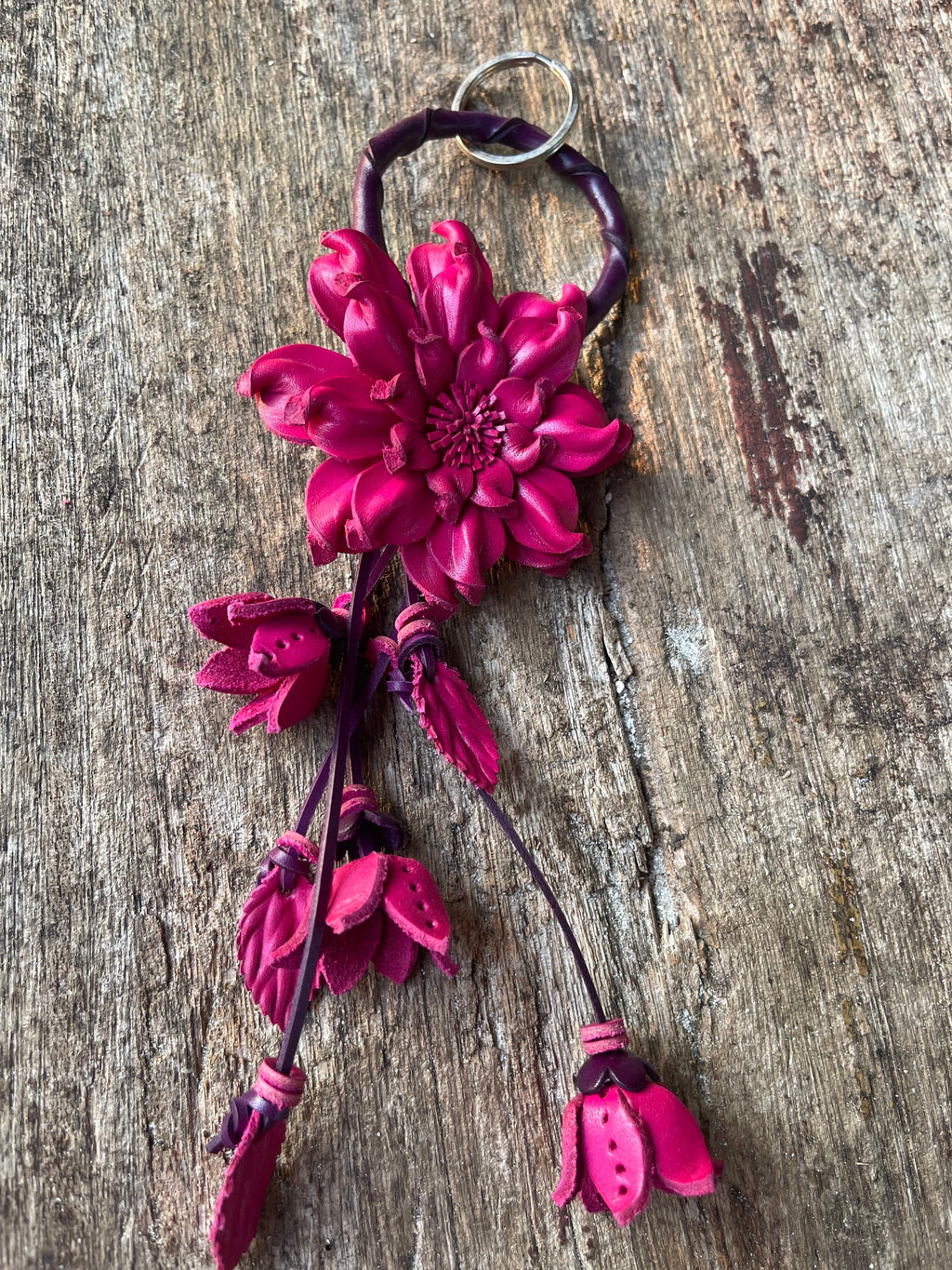 Chic Leather Flower Charm Keychain Ring | Handbag and Purse Designer Tassel Embellishment | Rearview Mirror Charm | Gift Package Faux Bow