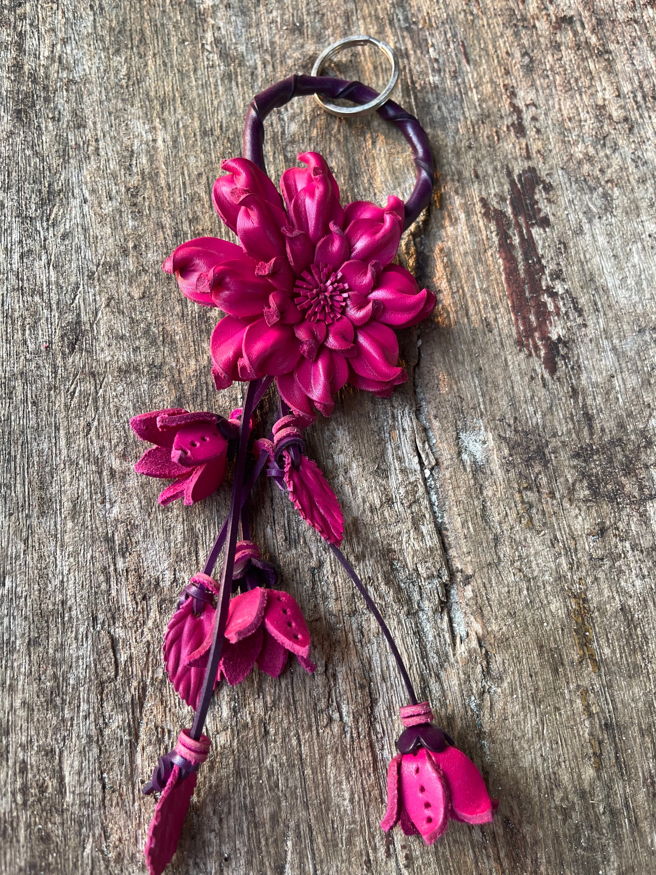 Chic Leather Flower Charm Keychain Ring | Handbag and Purse Designer Tassel Embellishment | Rearview Mirror Charm | Gift Package Faux Bow