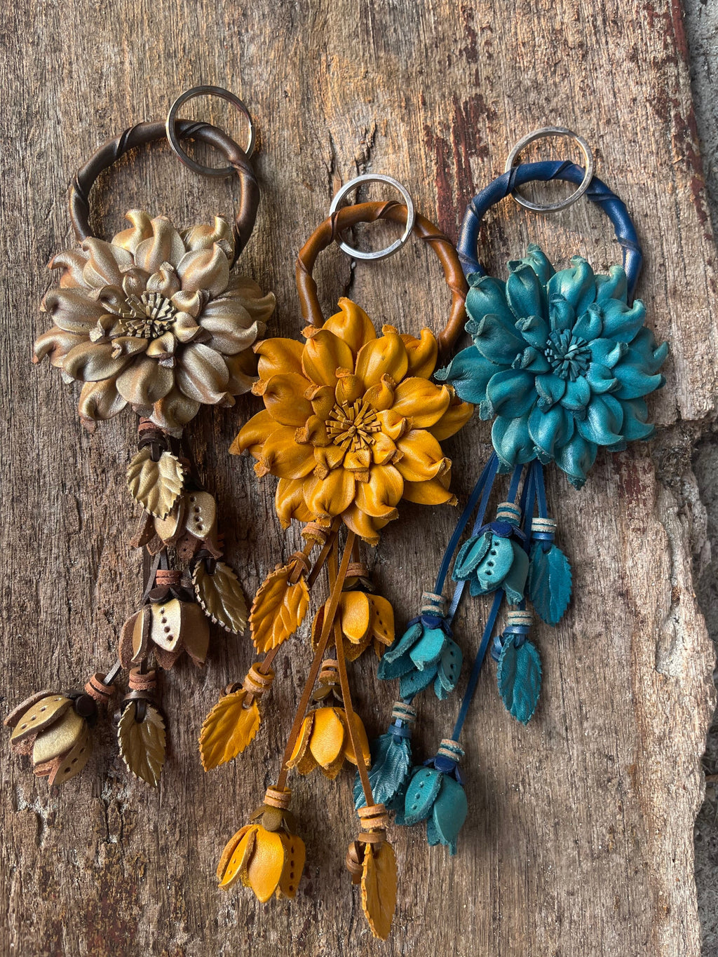 Chic Leather Flower Charm Keychain Ring | Handbag and Purse Designer Tassel Embellishment | Rearview Mirror Charm | Gift Package Faux Bow