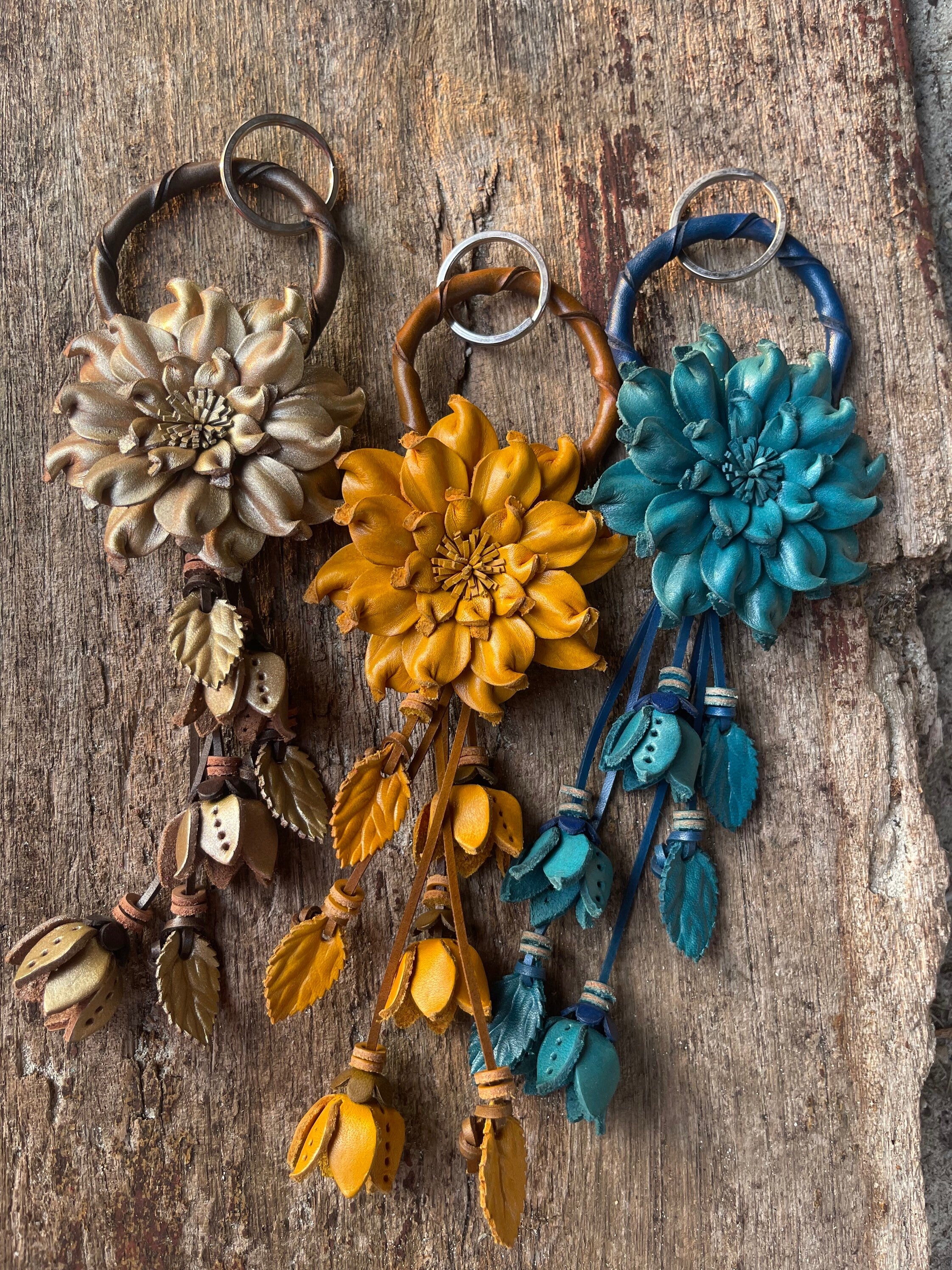 Chic Leather Flower Charm Keychain Ring | Handbag and Purse Designer Tassel Embellishment | Rearview Mirror Charm | Gift Package Faux Bow