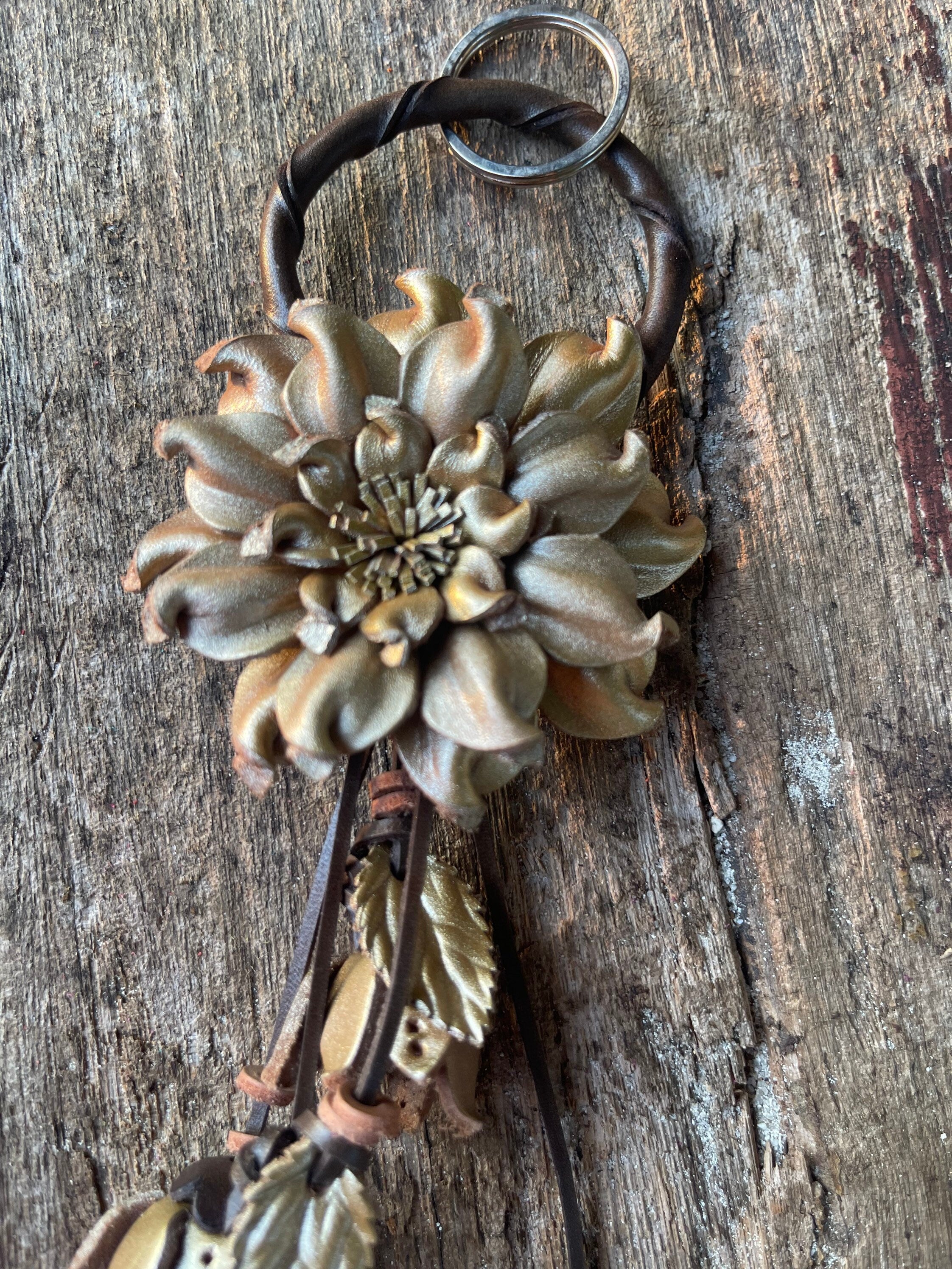 Chic Leather Flower Charm Keychain Ring | Handbag and Purse Designer Tassel Embellishment | Rearview Mirror Charm | Gift Package Faux Bow
